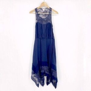 SUN & SHADOW Boho Lace asymmetrical hem midi dress Navy women’s size L